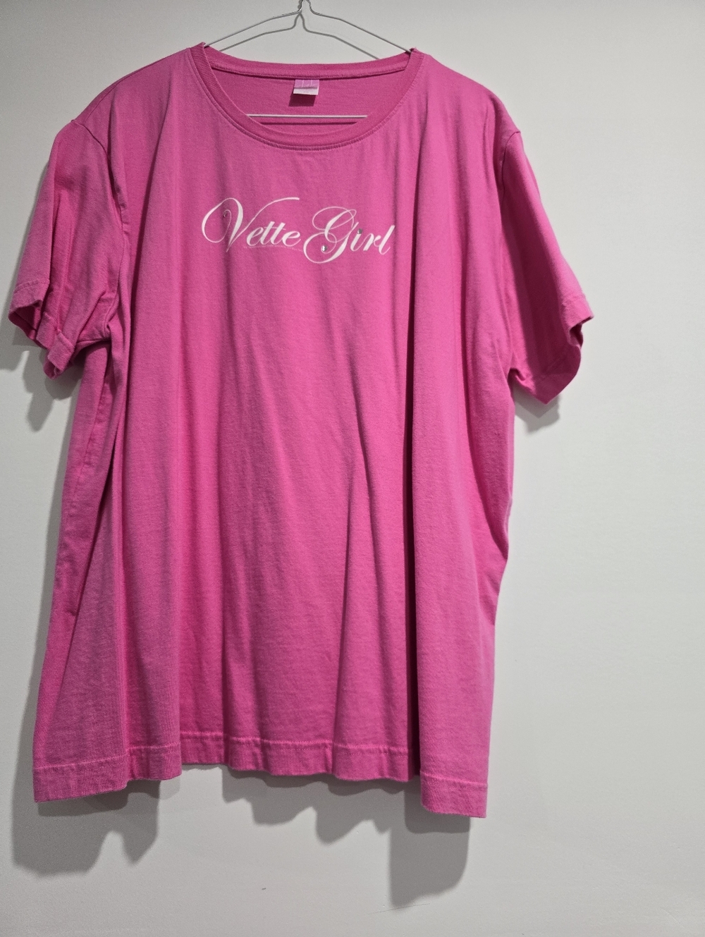 Bubble Gum Pink Short Sleeve Vette Girl Bedazzled Tee. Lighter Pink Than Picture